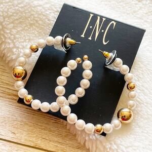 INC Faux Pearl Open Hoop Statement Earrings Gold Tone White New